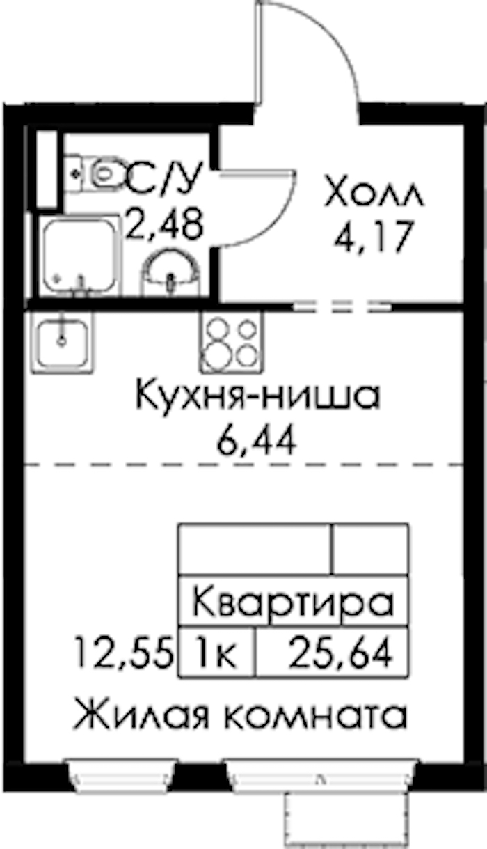 Квартира студия 25.64 м², 4/15 эт., ЖК «Янинский лес»
